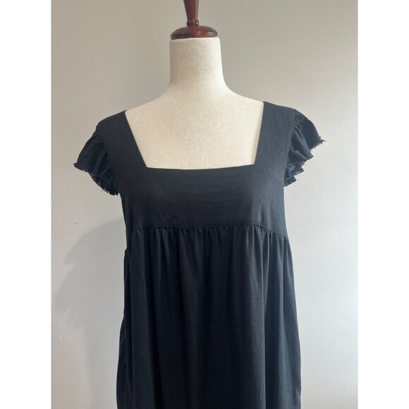 Aerie Flutter Sleeve Babydoll Linen Dress Womens M Black Pockets Square Neck - Picture 2 of 8